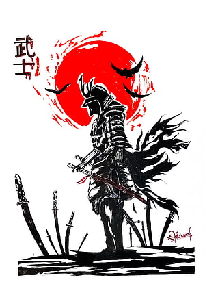 Samurai Warrior Silhouette With Red Sun And Bats HD phone wallpaper