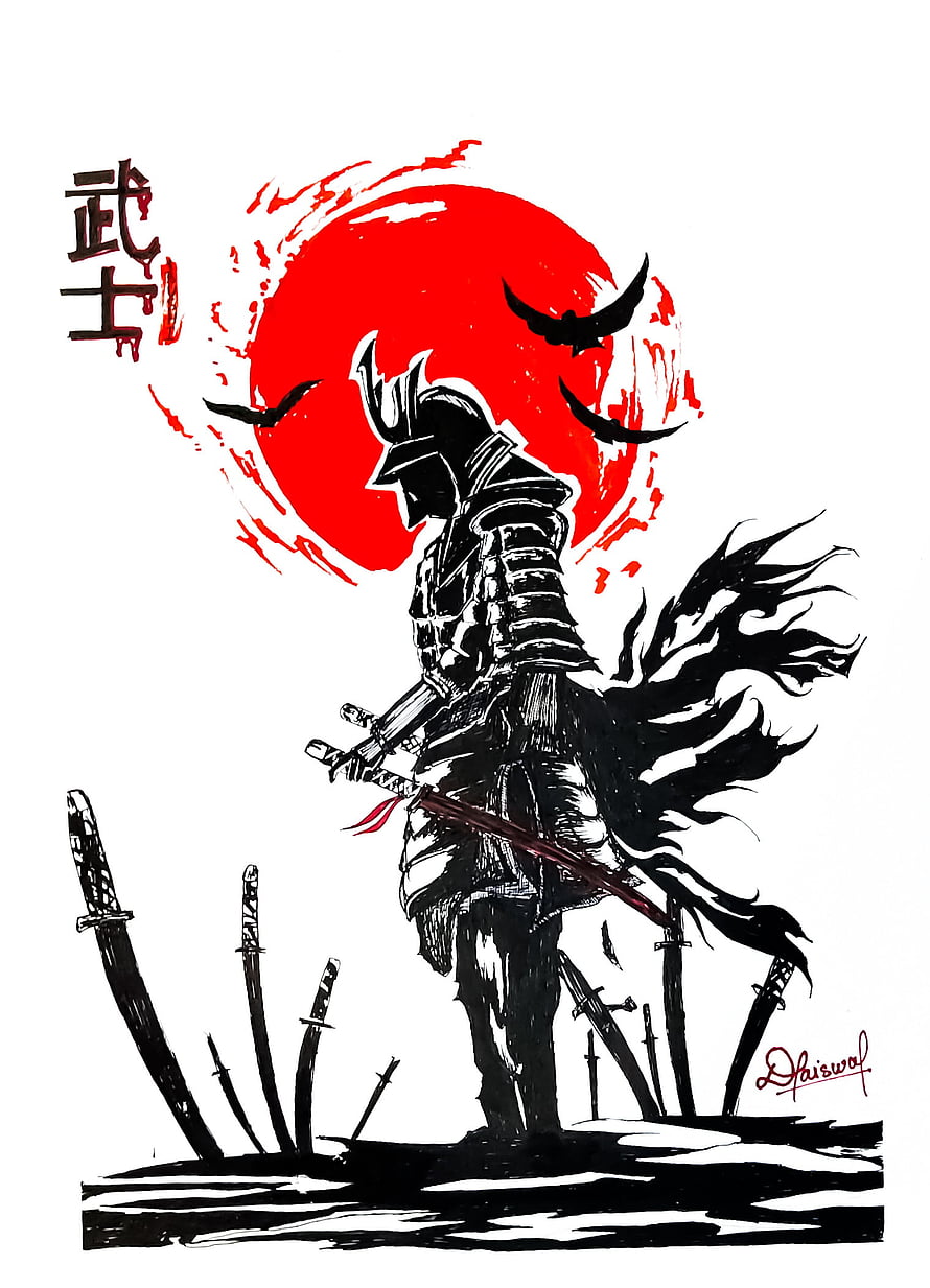 Samurai Warrior Silhouette With Red Sun And Bats HD phone wallpaper