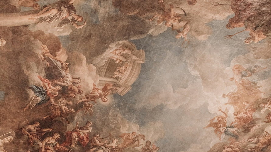 Baroque Ceiling Fresco Featuring Angels and Clouds in Classical Style HD wallpaper