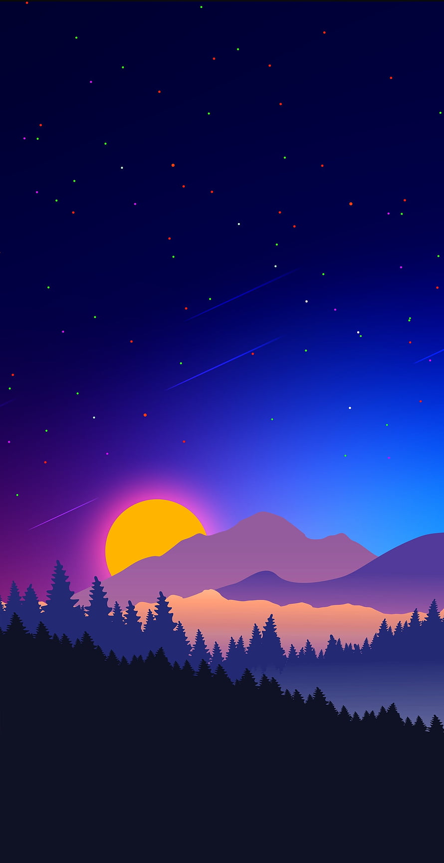 Vibrant Retro Sunset Over Pine Forest And Mountains With Shooting Stars HD phone wallpaper