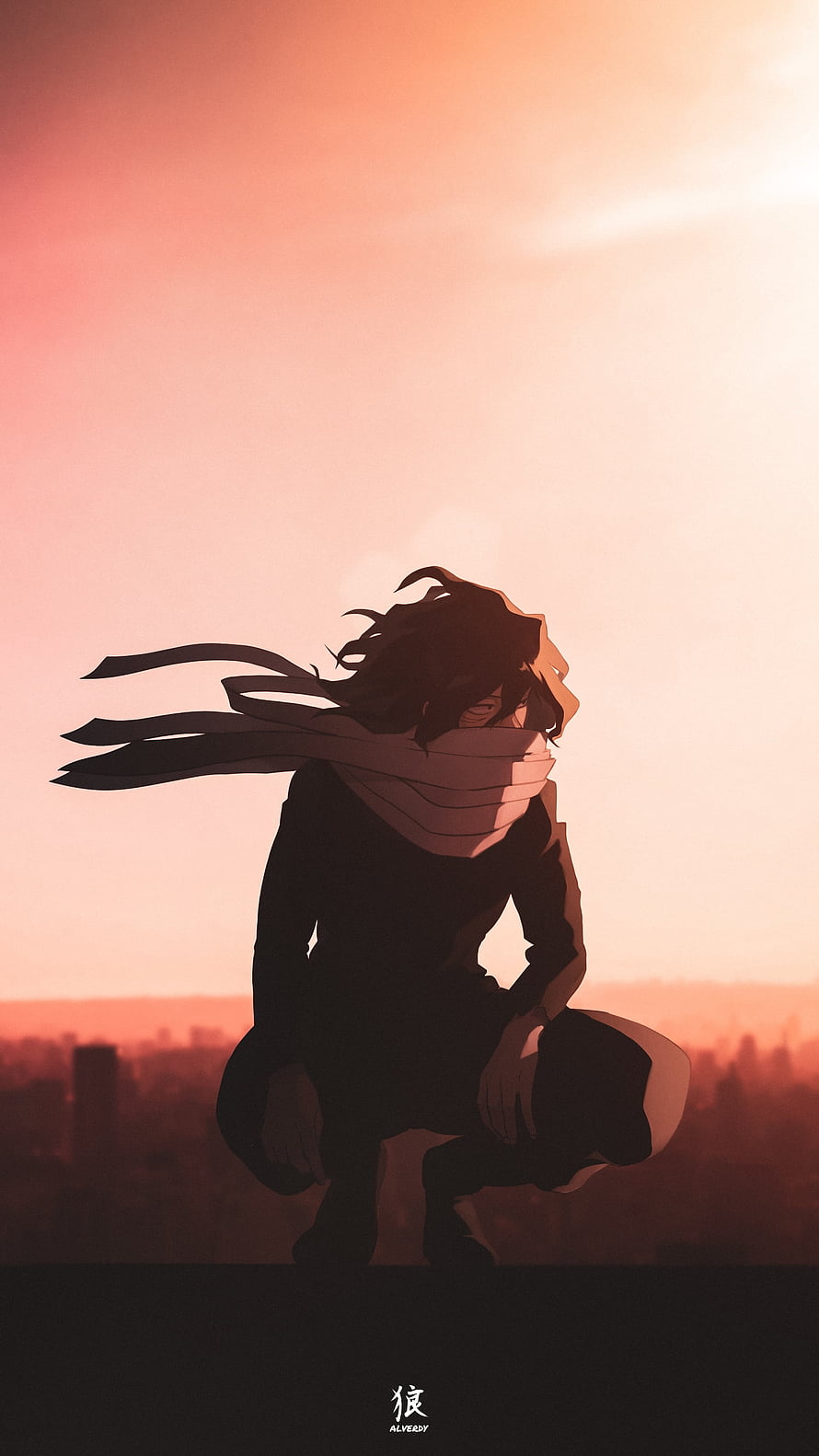 Eraser Head Aizawa Shouta Crouching Silhouette at Sunset in My Hero Academia HD phone wallpaper