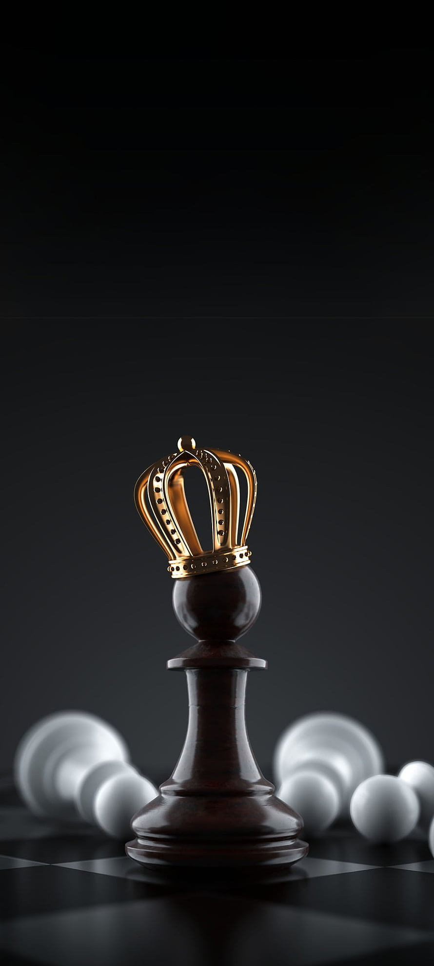 Dark wooden chess king piece with golden crown standing on checkered board HD phone wallpaper