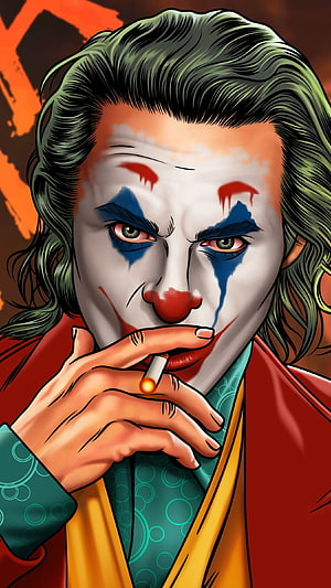 Joker Character Portrait Smoking Cigarette in Red Suit and Green Hair HD phone wallpaper