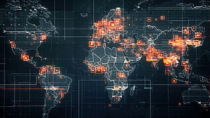 Global Digital Network Map with Glowing Data Nodes and Tech Grid Overlay HD wallpaper