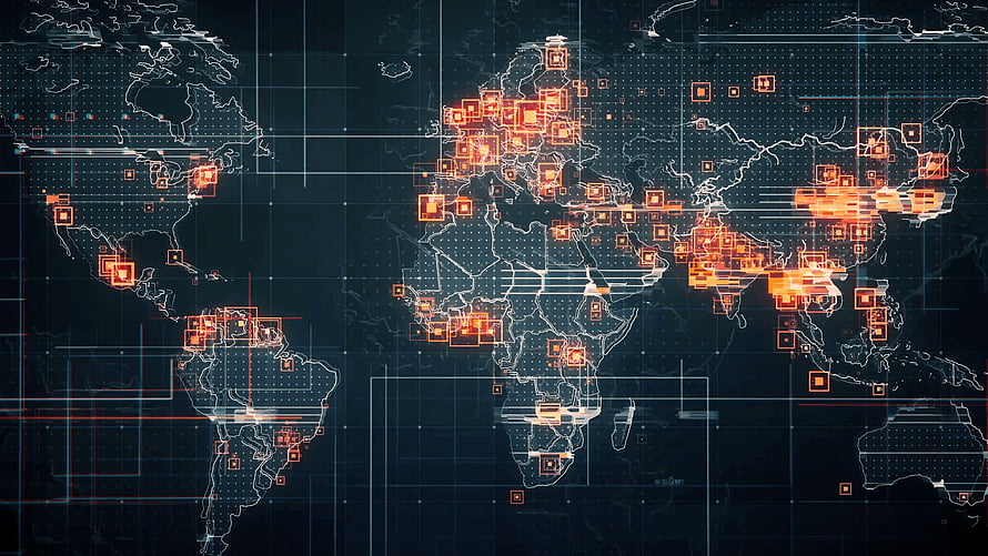 Global Digital Network Map with Glowing Data Nodes and Tech Grid Overlay HD wallpaper