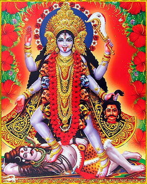 Maa Kali Indian Goddess Artwork with Multiple Arms and Red Garland HD phone wallpaper