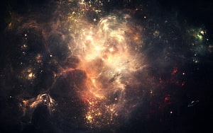 Vibrant Cosmic Nebula with Golden Star Clusters and Deep Space Dust HD wallpaper
