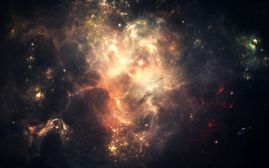 Vibrant Cosmic Nebula with Golden Star Clusters and Deep Space Dust HD wallpaper