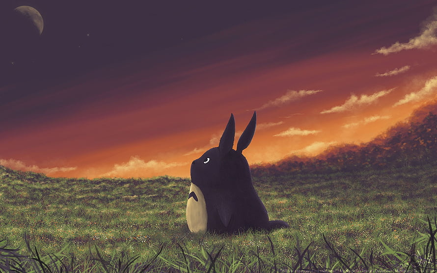 Totoro Sitting in a Grass Field at Sunset with a Crescent Moon in the Sky HD wallpaper