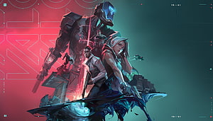 Valorant Cyberpunk Squad Artwork with Mecha and Agents in Neon Red and Teal HD wallpaper