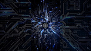 Glowing Blue Circuit Board with Central Processor Chip and Tracing Data Lines HD wallpaper