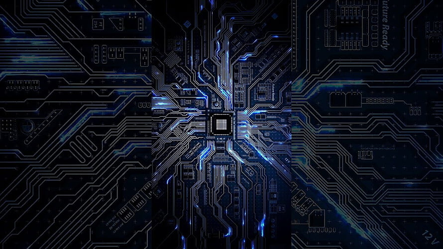 Glowing Blue Circuit Board with Central Processor Chip and Tracing Data Lines HD wallpaper