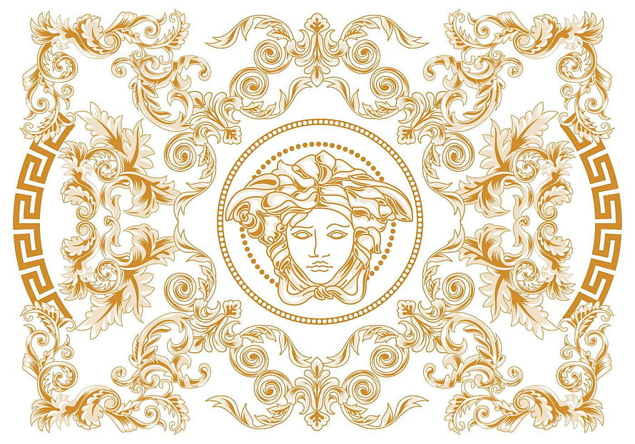 Gold Versace Medusa Head Ornate Baroque Floral Scrollwork Pattern Design HD wallpaper