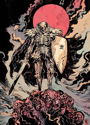 Skull Knight from Berserk Standing Over a Pile of Corpses Under a Blood Moon HD phone wallpaper
