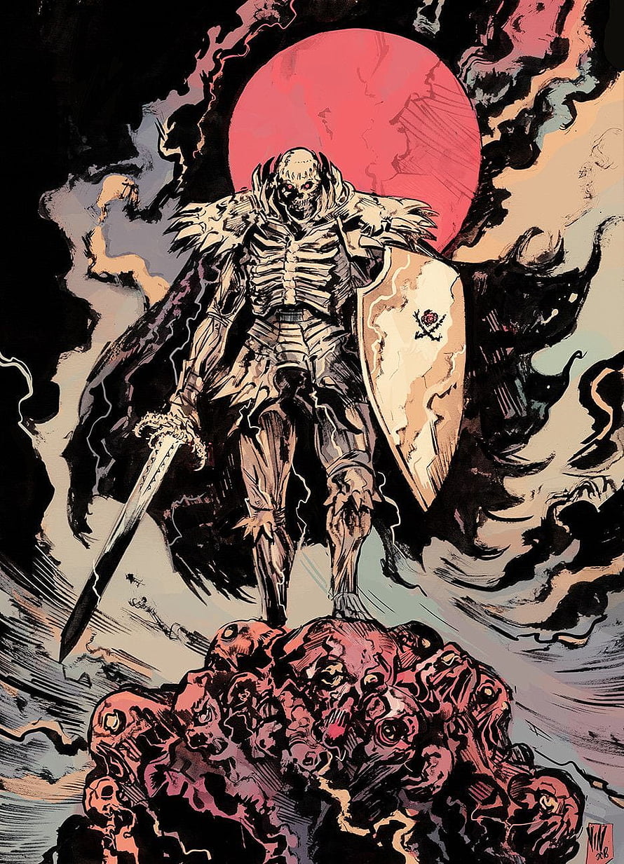 Skull Knight from Berserk Standing Over a Pile of Corpses Under a Blood Moon HD phone wallpaper