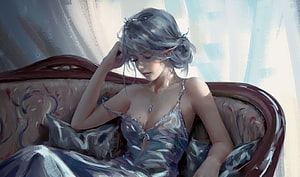 Elegant Elf Woman in Flowing Gown Reclining on Ornate Sofa, Elf woman, beautiful, art HD wallpaper