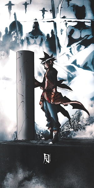 Jin Mori from The God of High School Standing Beside a Cracked Pillar in a Misty Landscape HD phone wallpaper