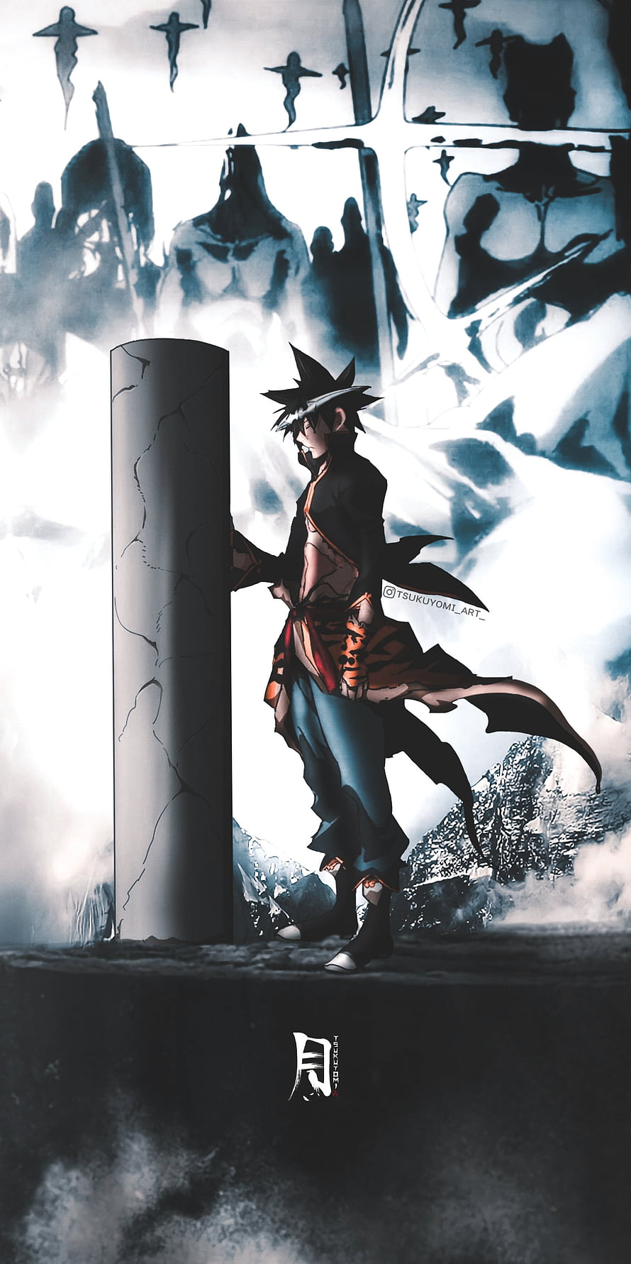 Jin Mori from The God of High School Standing Beside a Cracked Pillar in a Misty Landscape HD phone wallpaper