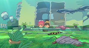 Ponyo and Sosuke Watching Sea Creatures in an Underwater Garden Scene HD wallpaper