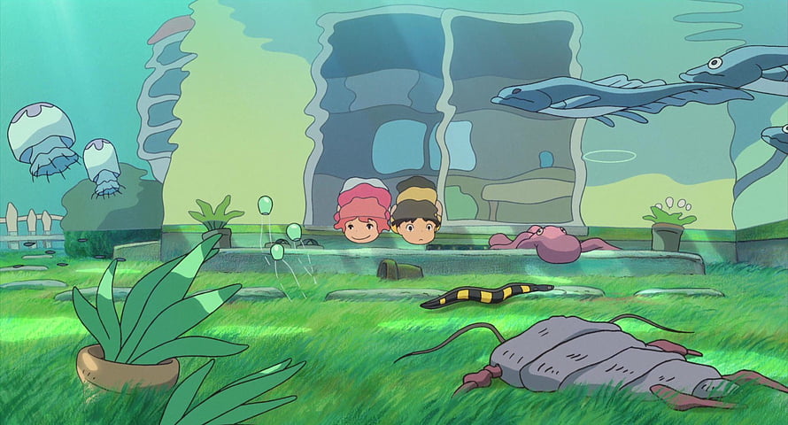 Ponyo and Sosuke Watching Sea Creatures in an Underwater Garden Scene HD wallpaper