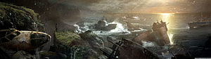Post-Apocalyptic Shipwreck Coastline with Rusting Aircraft and Stormy Ocean HD wallpaper