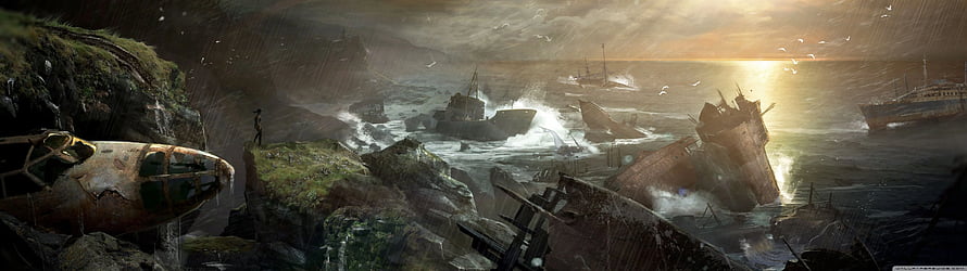 Post-Apocalyptic Shipwreck Coastline with Rusting Aircraft and Stormy Ocean HD wallpaper