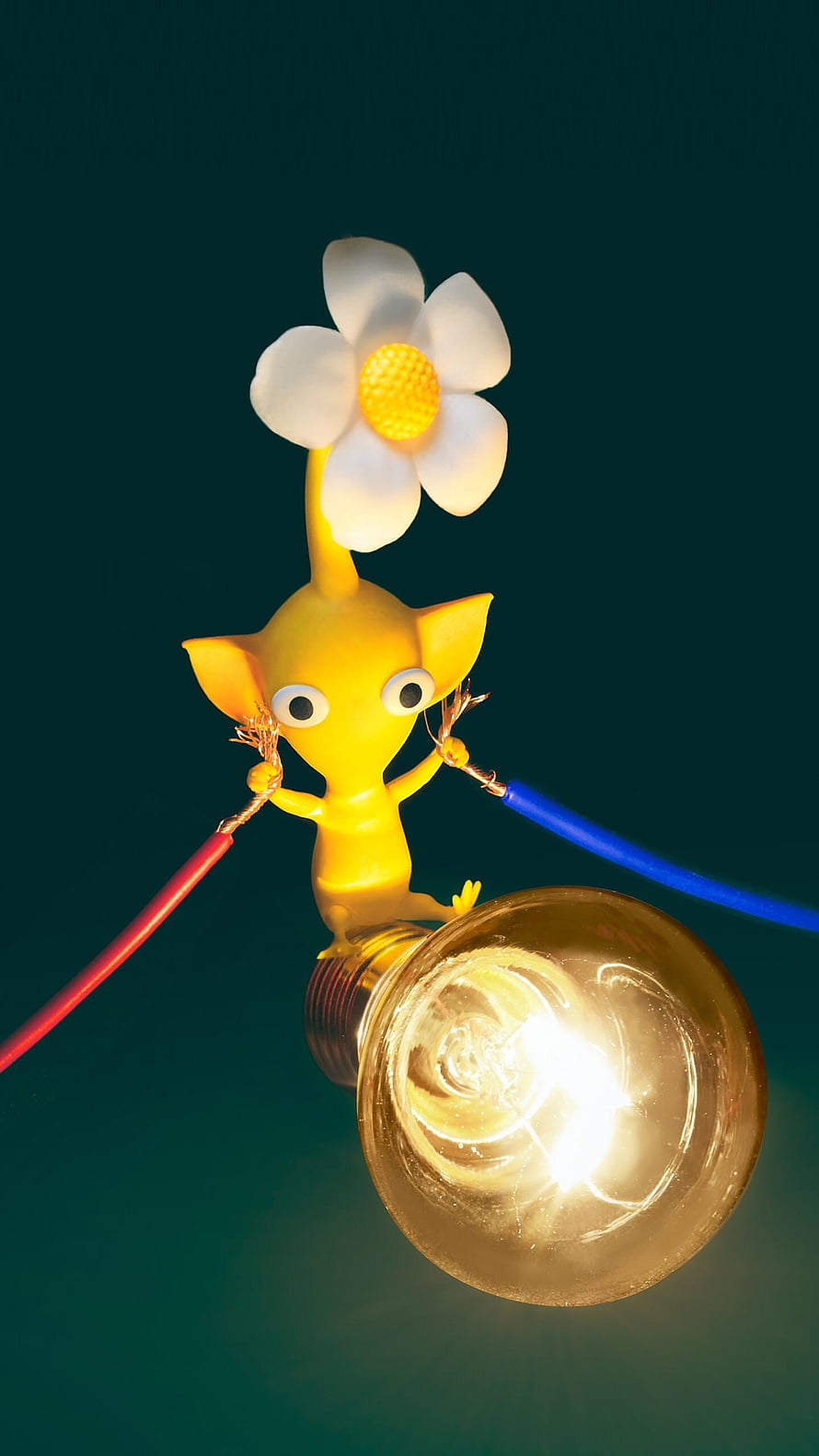 Yellow Pikmin Character Perched on Glowing Light Bulb with White Flower HD phone wallpaper