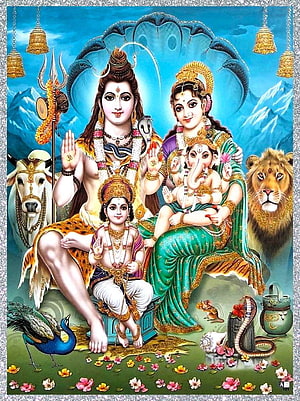 Hindu Deities Shiva Parvati Ganesha Kartikeya Family Portrait with Peacock Bull Lion HD phone wallpaper