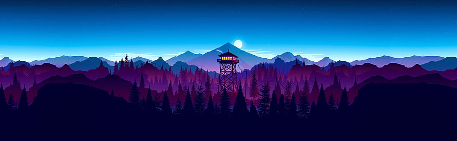 Nighttime Mountain Landscape With Lit Watchtower And Pine Forest HD wallpaper