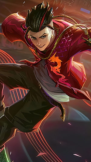 Chou Mobile Legends character art in dynamic red and gold combat pose HD phone wallpaper