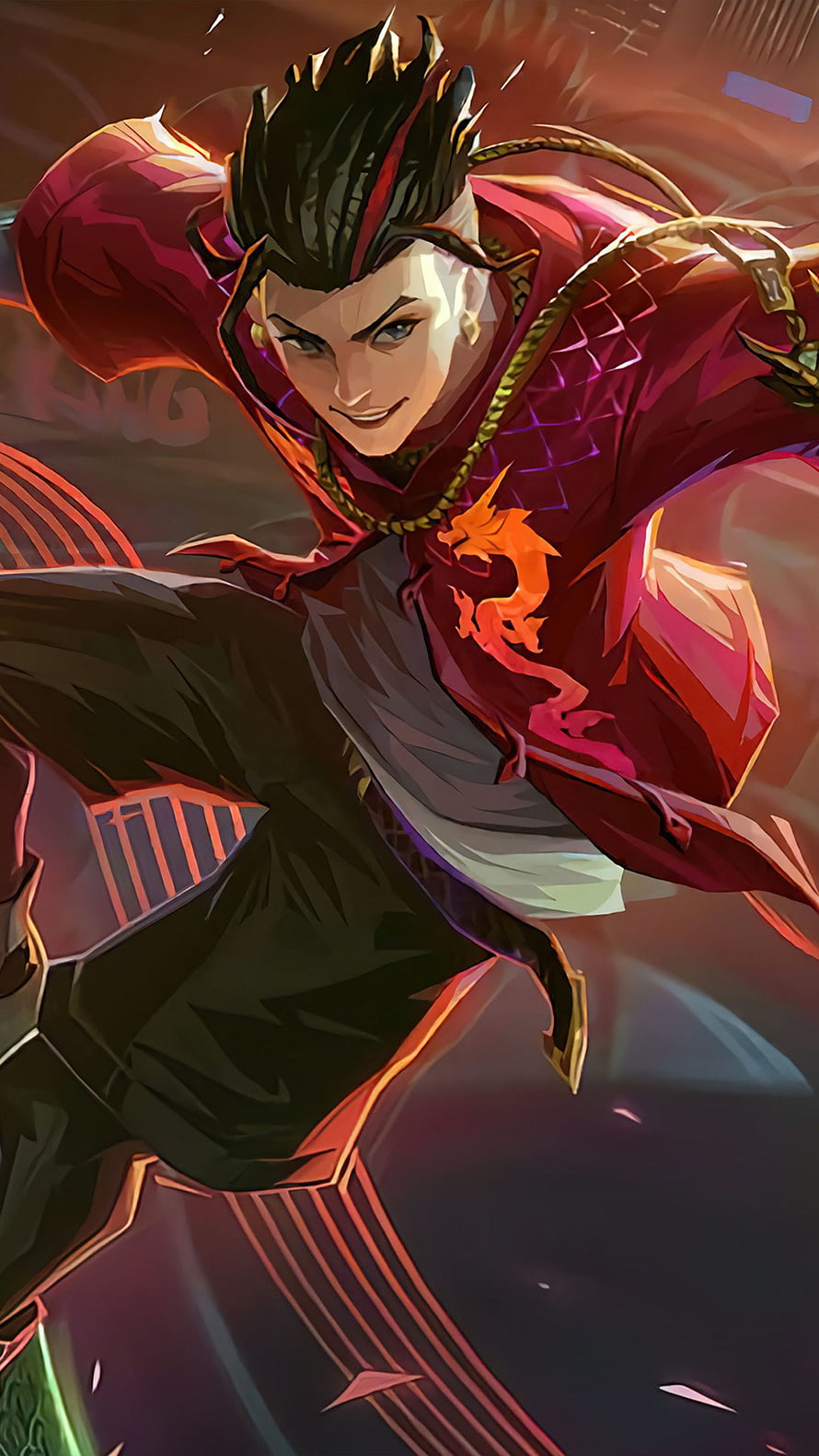 Chou Mobile Legends character art in dynamic red and gold combat pose HD phone wallpaper