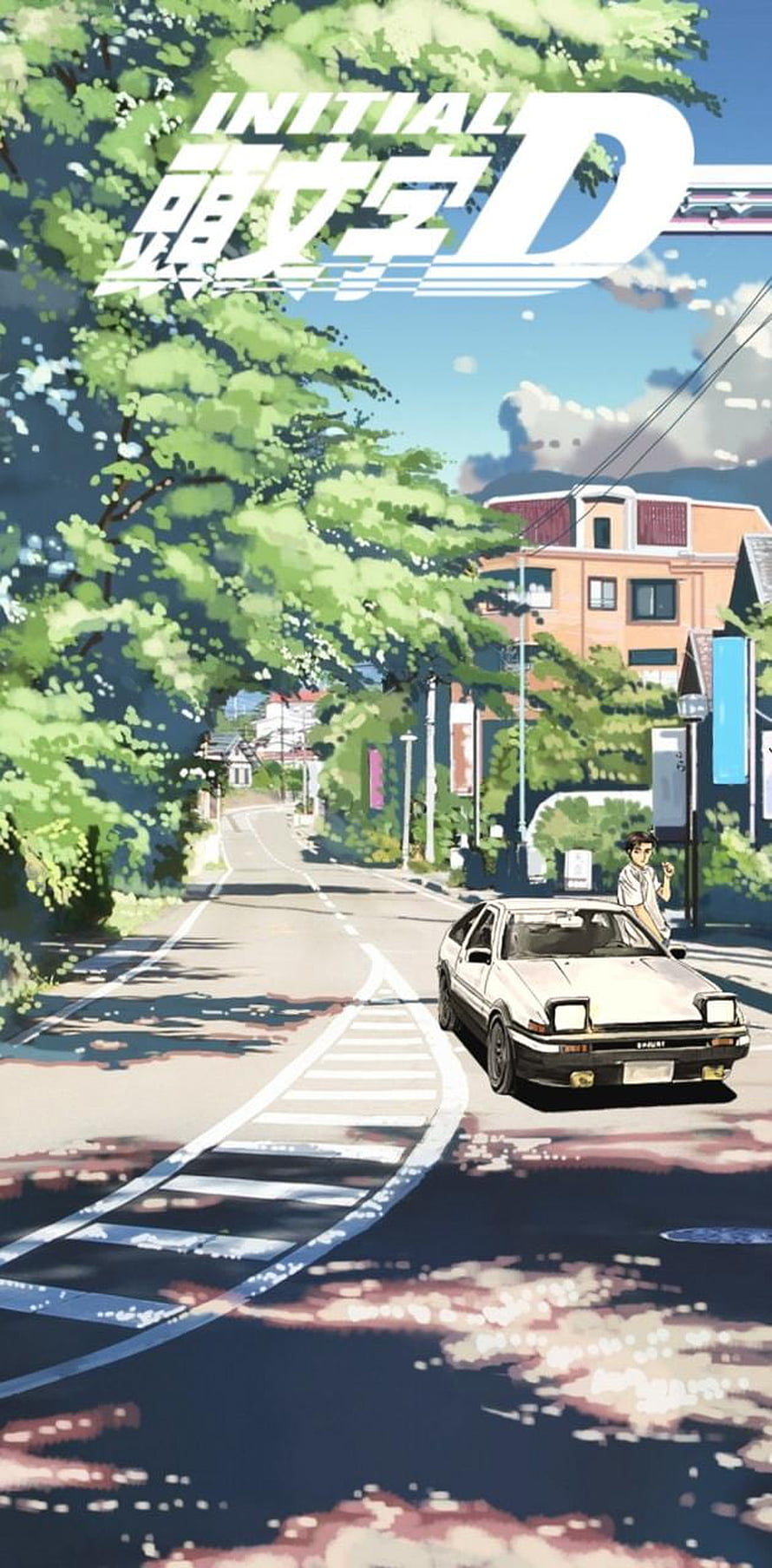 Initial D anime style illustration featuring a white Toyota AE86 Trueno parked on a sunny suburban street with lush green trees and a young man standing nearby, Initial D, Initial D HD phone wallpaper