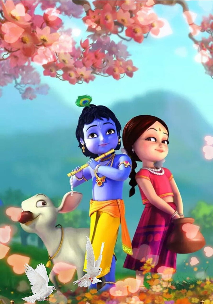 Cute 3D Krishna and Radha Playing Flute Under Blossoming Tree HD phone wallpaper