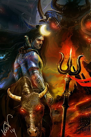 Blue-skinned Hindu deity riding a bull with a trident and crescent moon HD phone wallpaper