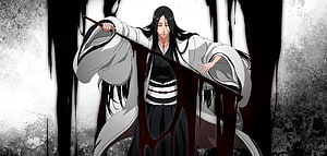 Sosuke Aizen anime character wielding a sword with dark energy in a dramatic black and white scene HD wallpaper