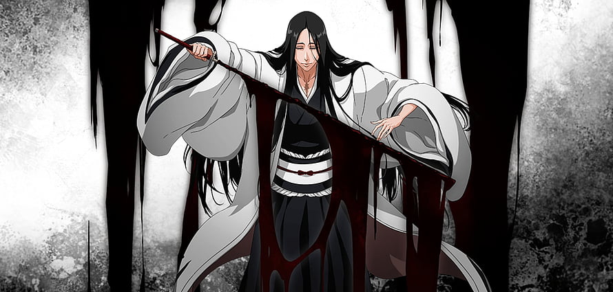 Sosuke Aizen anime character wielding a sword with dark energy in a dramatic black and white scene HD wallpaper