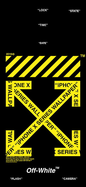 Off-White iPhone X Series Wallpaper with Yellow Diagonal Stripes and Bold Typography HD phone wallpaper