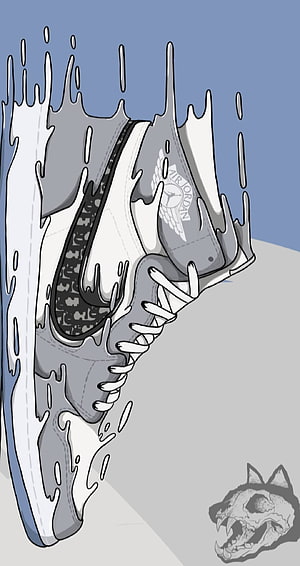 Air Jordan 1 High Grey and White Dripping Paint Illustration with Animal Skull HD phone wallpaper