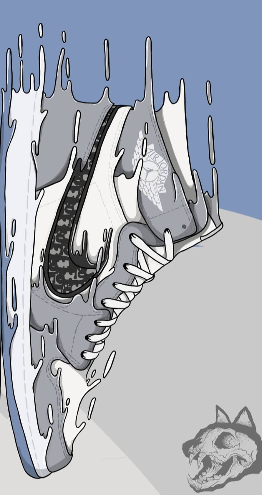 Air Jordan 1 High Grey and White Dripping Paint Illustration with Animal Skull HD phone wallpaper