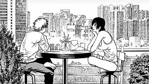 Chainsaw Man manga panel of two characters sharing a quiet moment at a rooftop table overlooking a dense city skyline, Chainsaw man. Chainsaw, Manga, Manga art HD wallpaper
