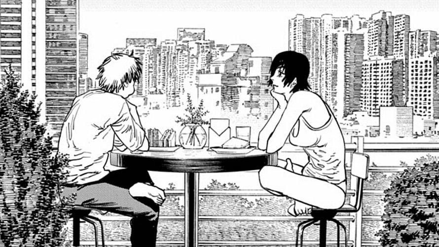 Chainsaw Man manga panel of two characters sharing a quiet moment at a rooftop table overlooking a dense city skyline, Chainsaw man. Chainsaw, Manga, Manga art HD wallpaper