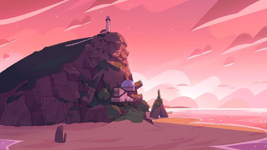 Steven Universe Temple Landscape with Lighthouse and Pink Sky HD wallpaper