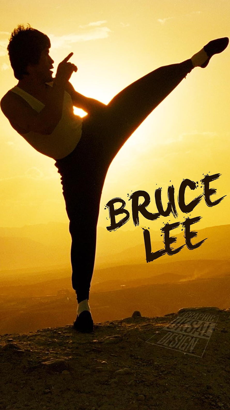 Bruce Lee Silhouette High Kick at Sunset on Rocky Cliff HD phone wallpaper