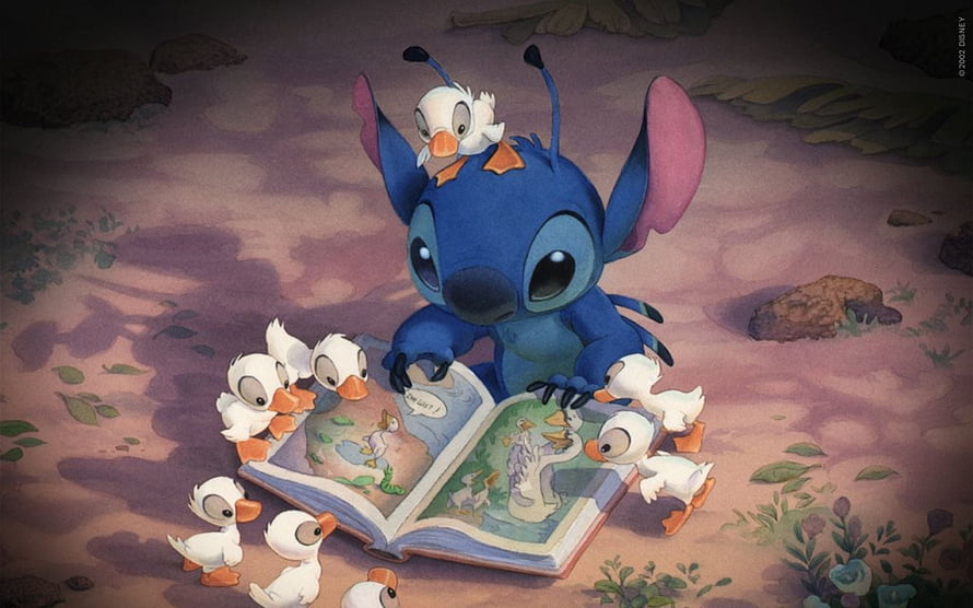 Stitch Reading a Storybook to a Group of Adorable Ducklings in a Forest HD wallpaper