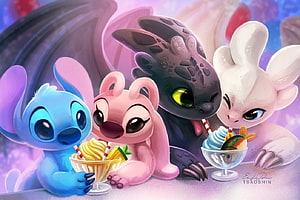 Stitch, Angel, Toothless, and Light Fury Enjoying Ice Cream in a Cute Digital Illustration HD wallpaper