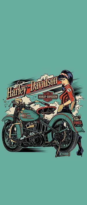 Vintage Harley-Davidson 1903 Viking Motorcycle with Pin-Up Girl Illustration HD phone wallpaper