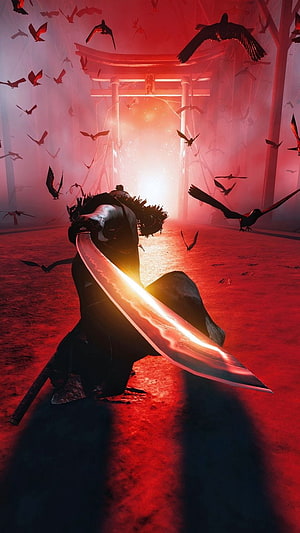 Samurai warrior with glowing katana in red mist before a torii gate surrounded by crows HD phone wallpaper