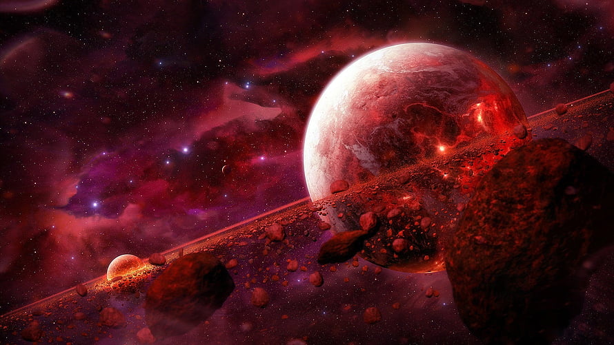Crimson Planet and Asteroid Belt in Deep Space Nebula HD wallpaper
