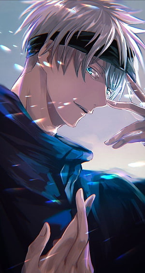 Gojo Satoru from Jujutsu Kaisen in a close-up anime portrait with glowing blue eyes and a gentle smile HD phone wallpaper