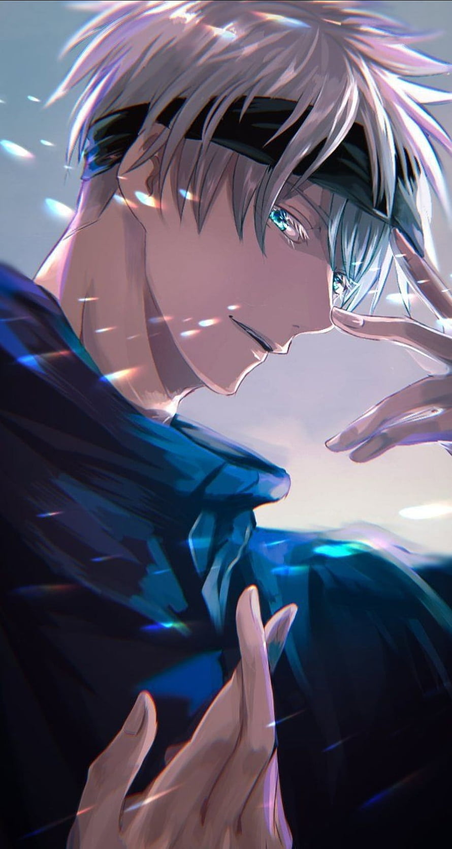 Gojo Satoru from Jujutsu Kaisen in a close-up anime portrait with glowing blue eyes and a gentle smile HD phone wallpaper